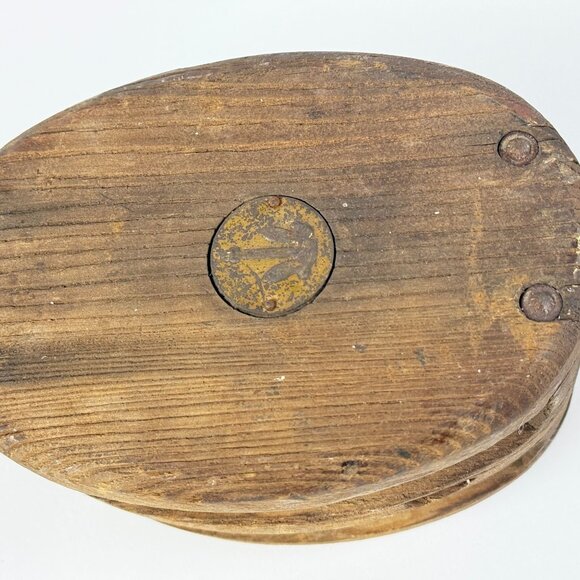 Antique Wooden Double Pulley Block w/ Metal Hook Rustic Farmhouse Barn Decor - Picture 5 of 14